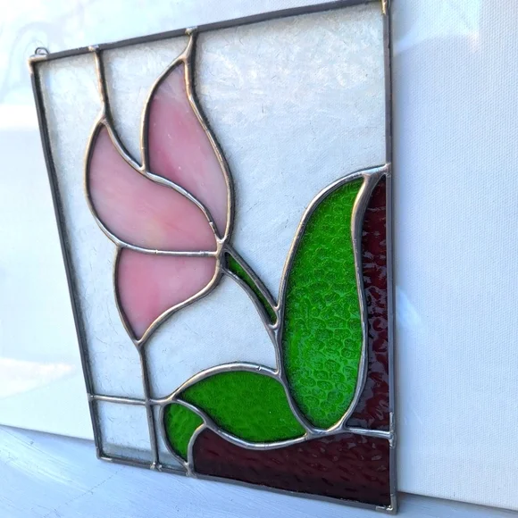 Vintage Stained Glass Window SunCatcher Flower Leaf Colorful Art Deco Abstract